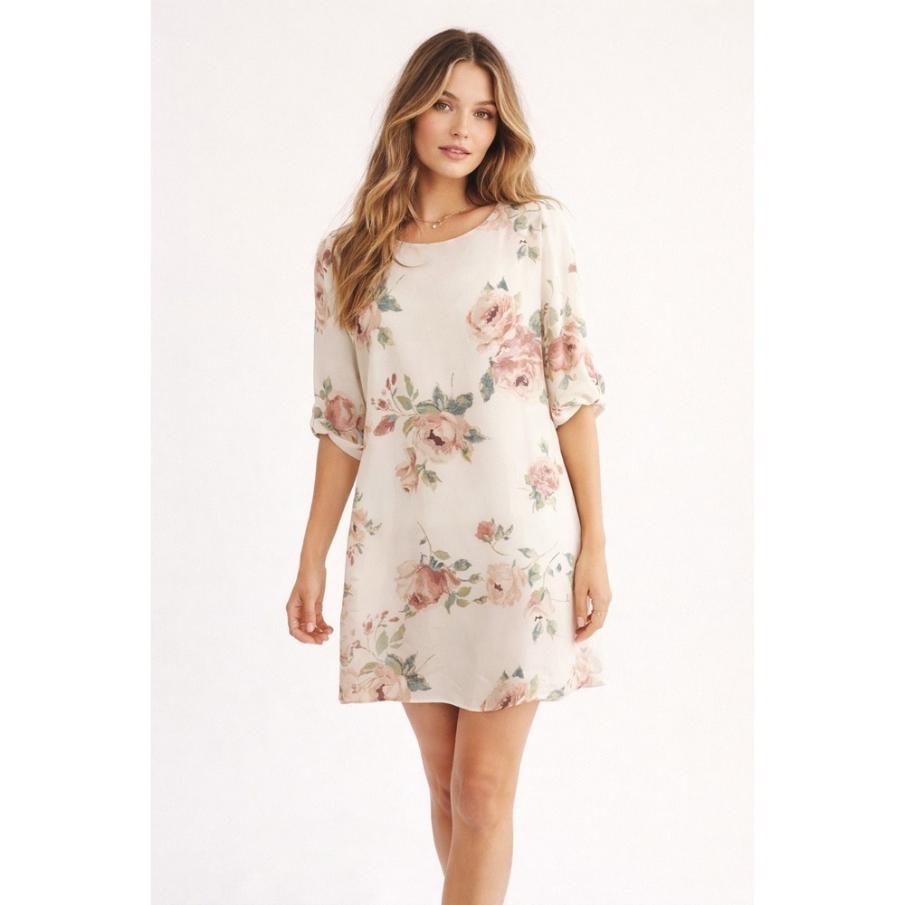 Morning Lavender Floral Chiffon Shift Dress Cream Pink Rose Size L